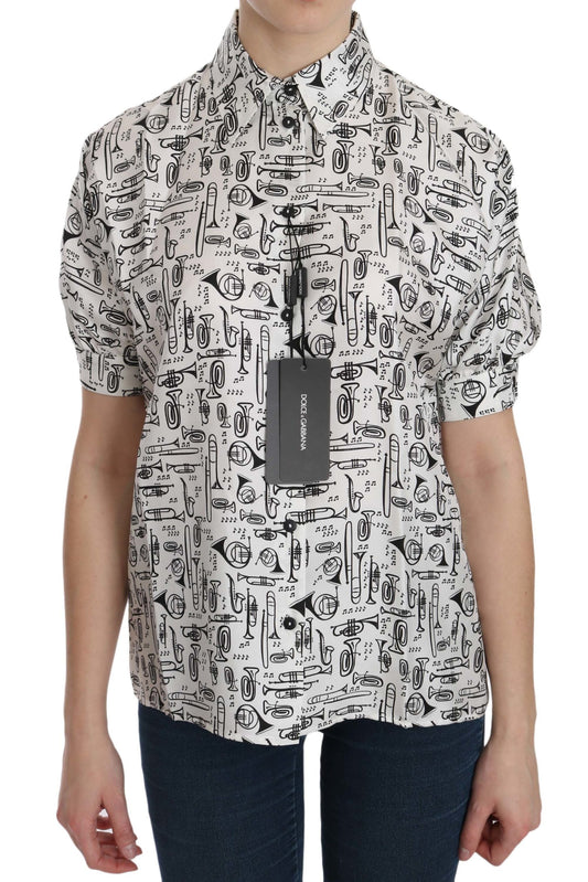 Dolce & Gabbana Musical Instrument Print Silk Collared Top