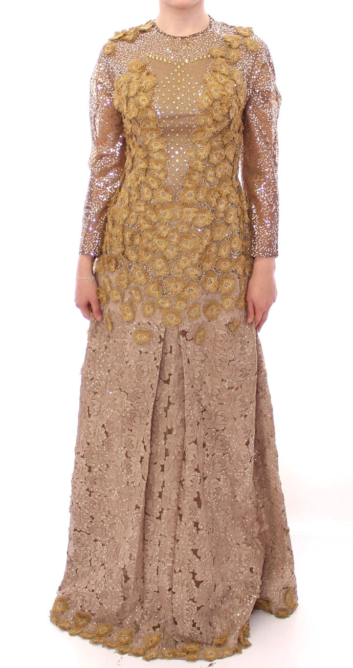 Lanre Da Silva Ajayi Exquisite Gold Lace Maxi Dress with Crystals