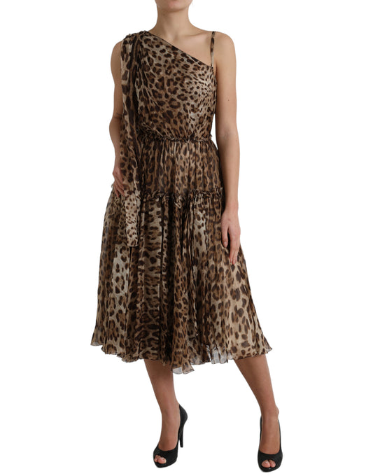 Dolce & Gabbana Elegant One-Shoulder Leopard Midi Dress