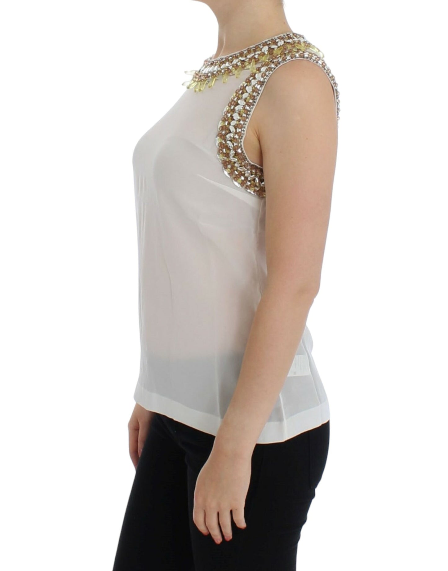 Dolce & Gabbana Elegant Sleeveless Silk Blouse with Crystal Embellishment