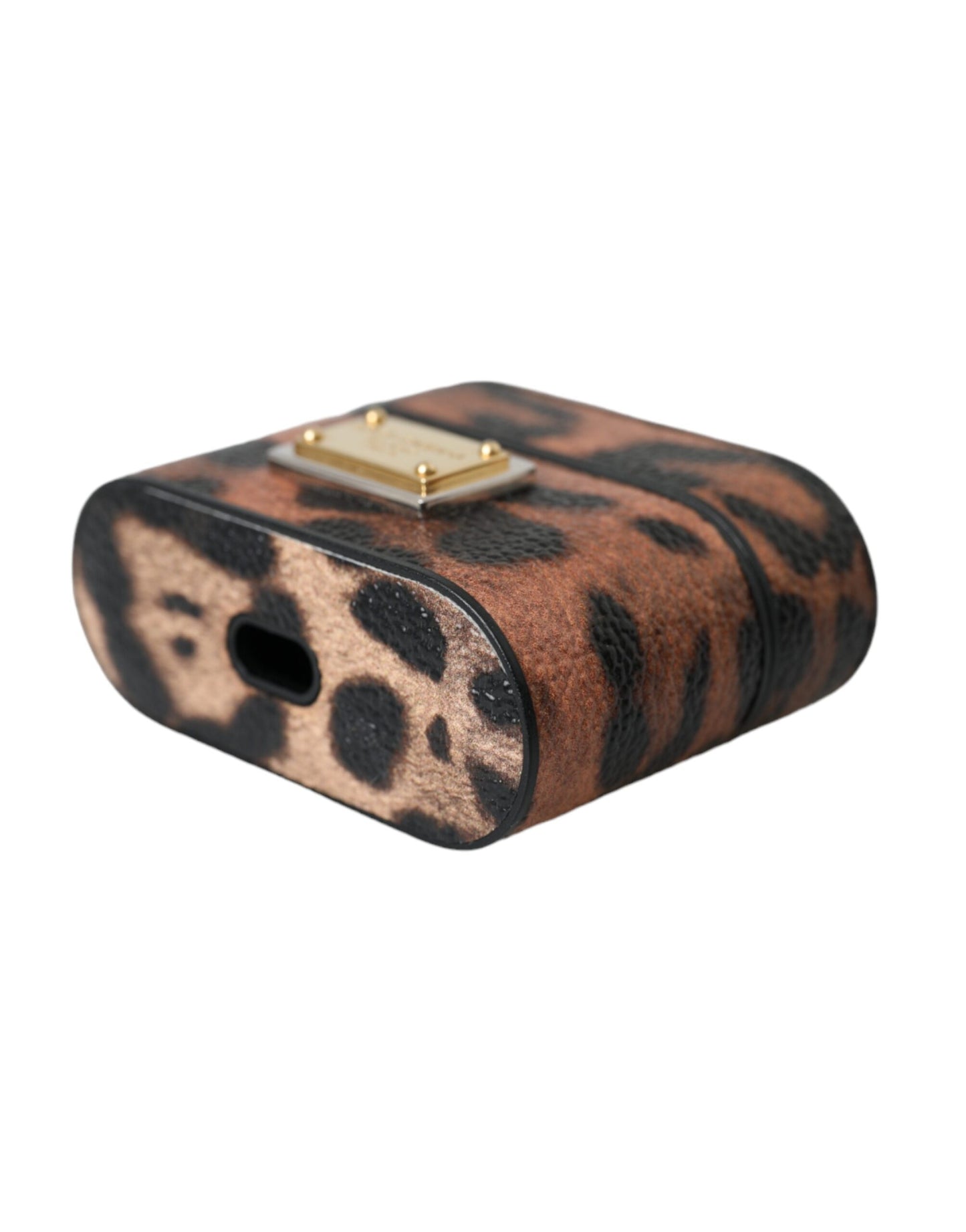 Dolce & Gabbana Brown Leopard Calf Leather Logo Plaque Airpods Case