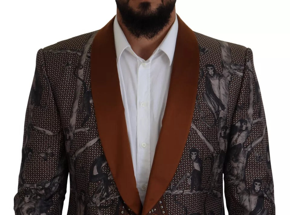 Dolce & Gabbana Bronze Monkey Print Silk Slim Jacket Blazer