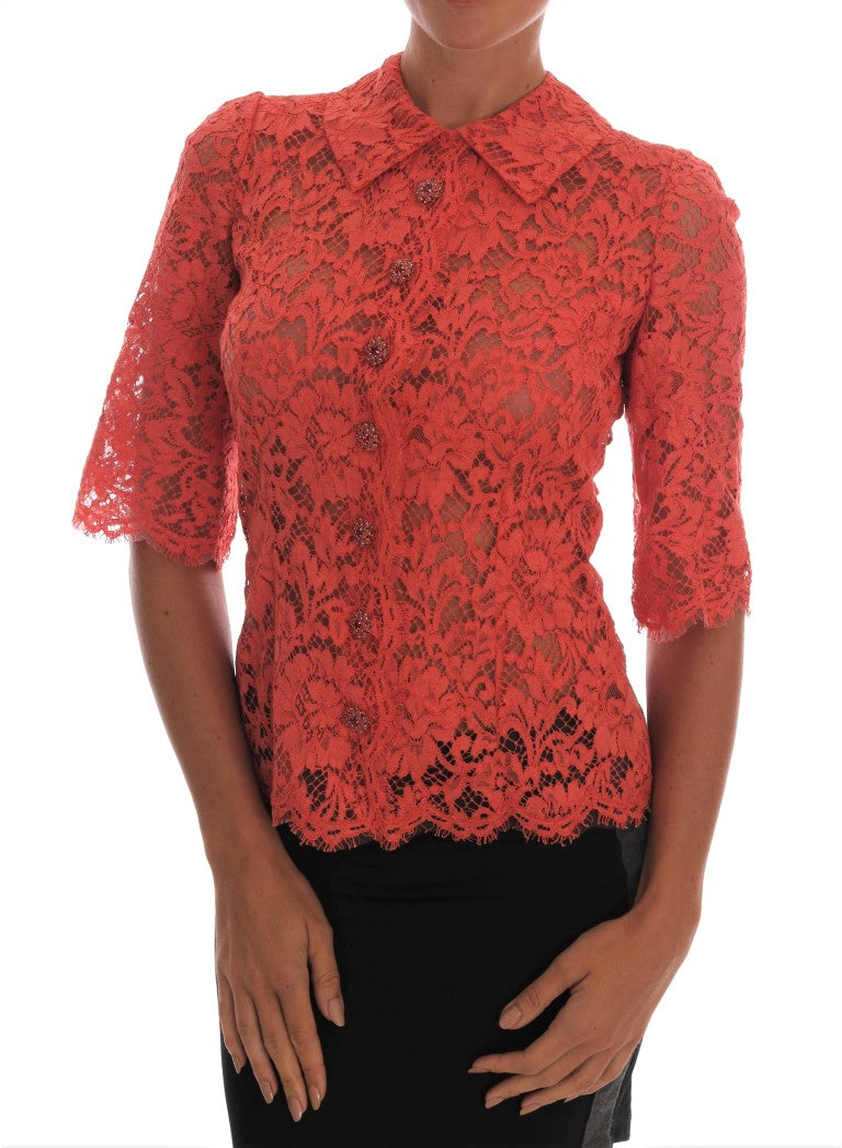 Dolce & Gabbana Elegant Orange Floral Lace Crystal Cardigan Blouse