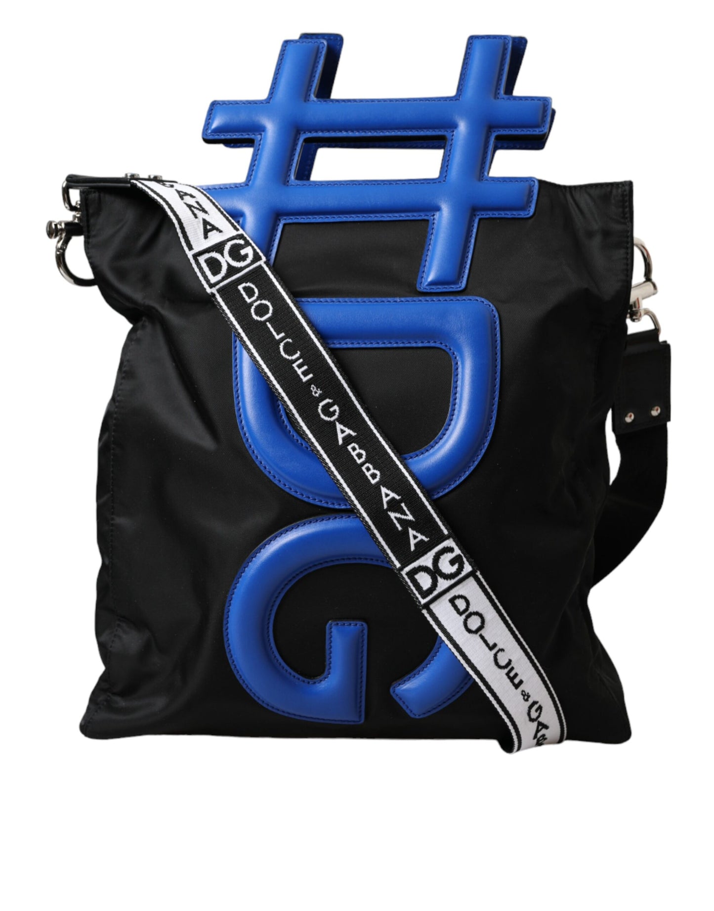 Dolce & Gabbana Black Nylon Blue Leather Hashtag Shopping Tote Bag