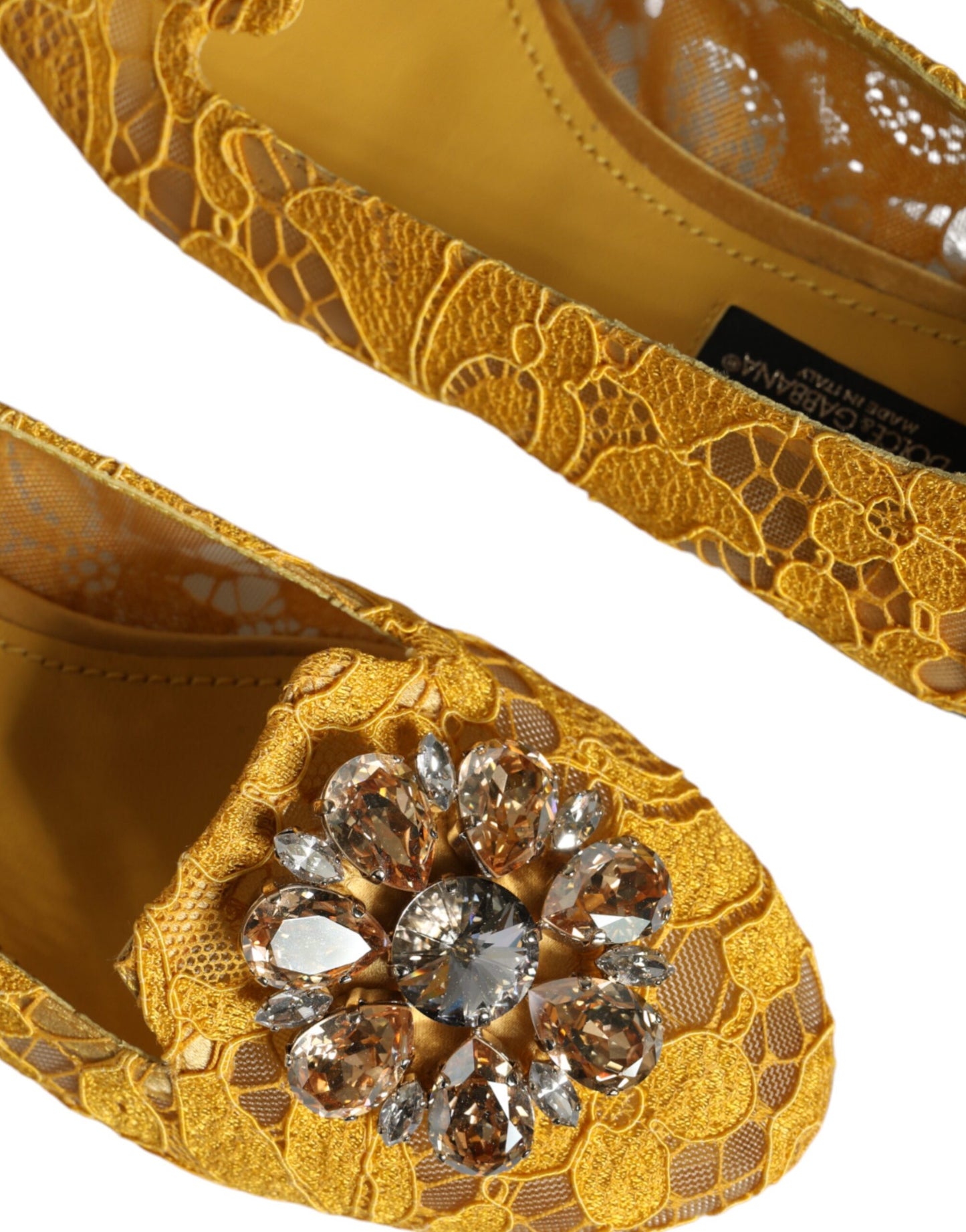 Dolce & Gabbana Mustard Lace Crystal Ballet Flats Loafer Shoes