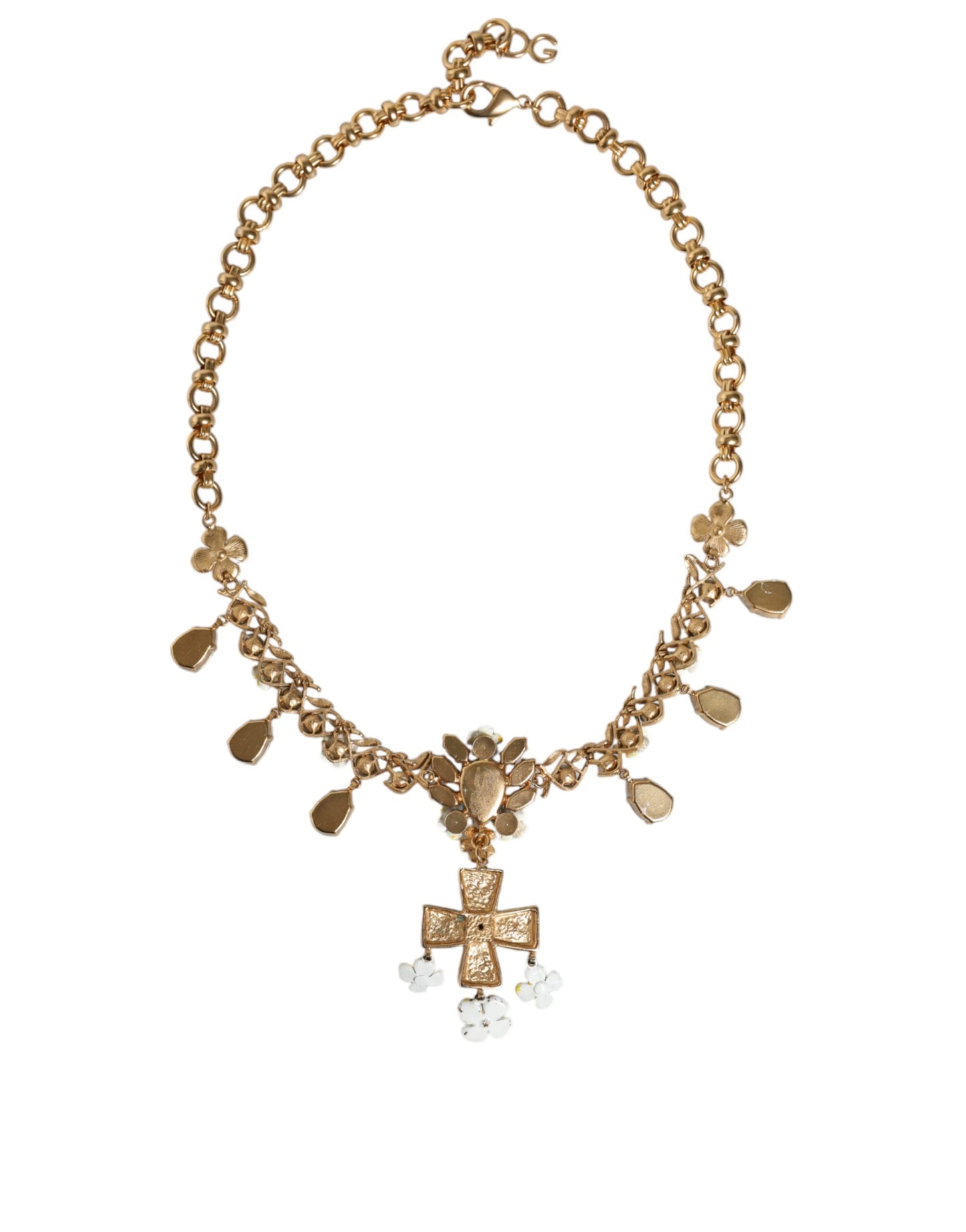 Dolce & Gabbana Gold Brass Chain Floral Crystal Cross Pendant Necklace