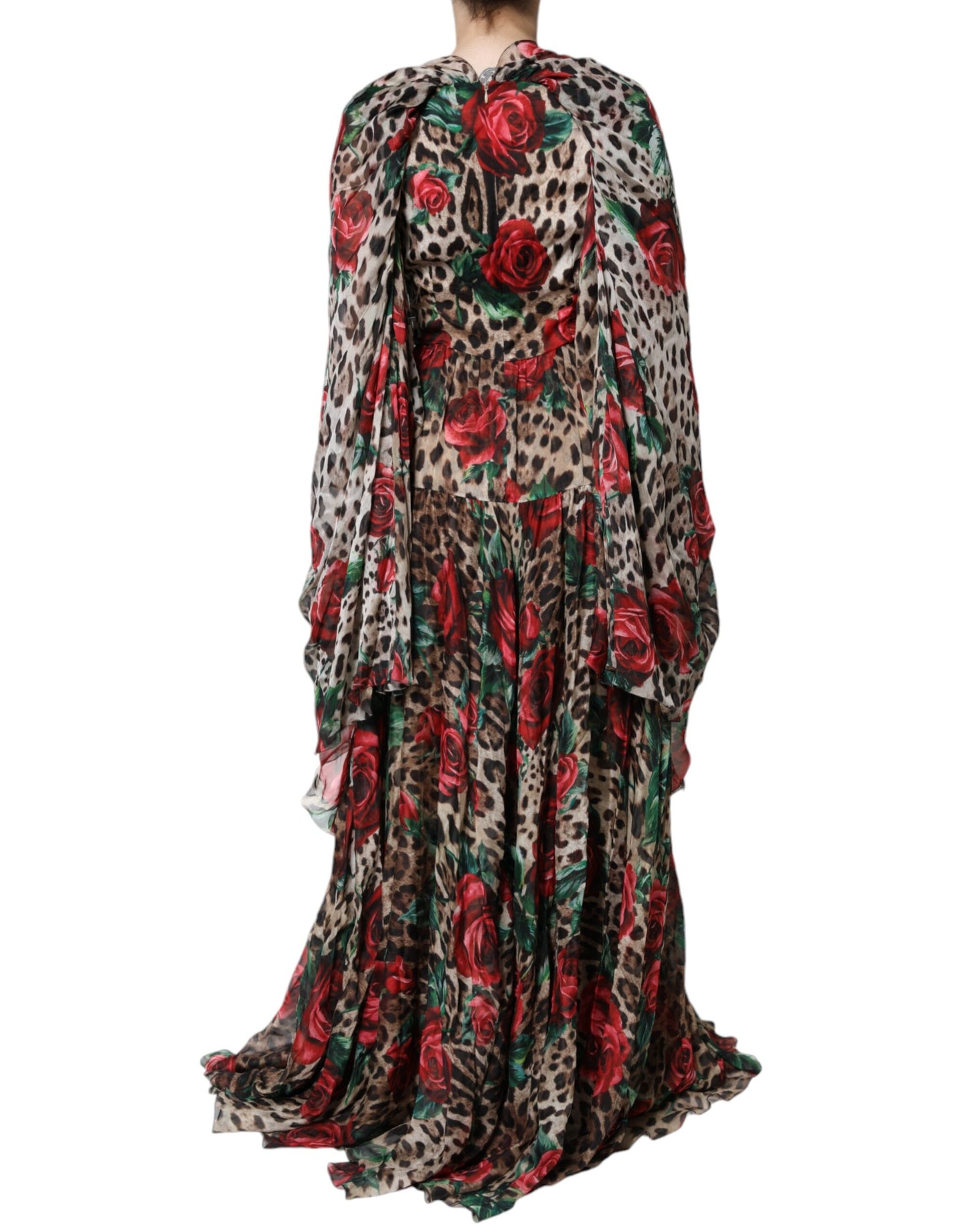 Dolce & Gabbana Brown Leopard Red Roses Silk Long Gown Dress