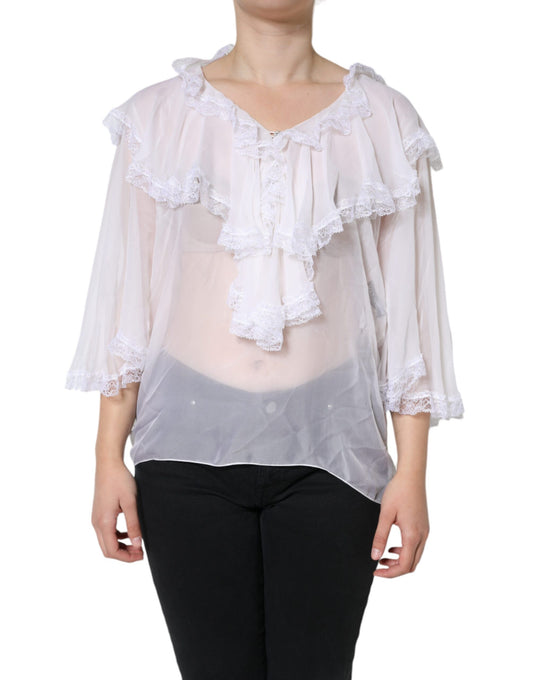 Dolce & Gabbana White Ruffles Lace Long Sleeve Blouse Top