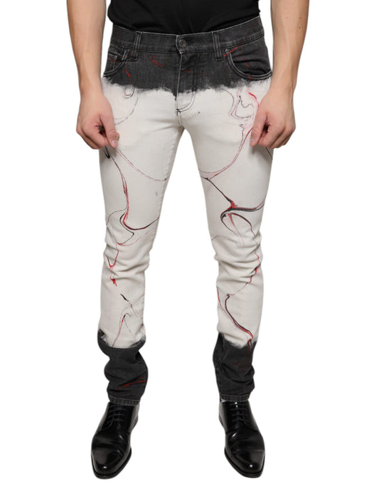 Dolce & Gabbana Black White Printed Skinny Men Denim Jeans