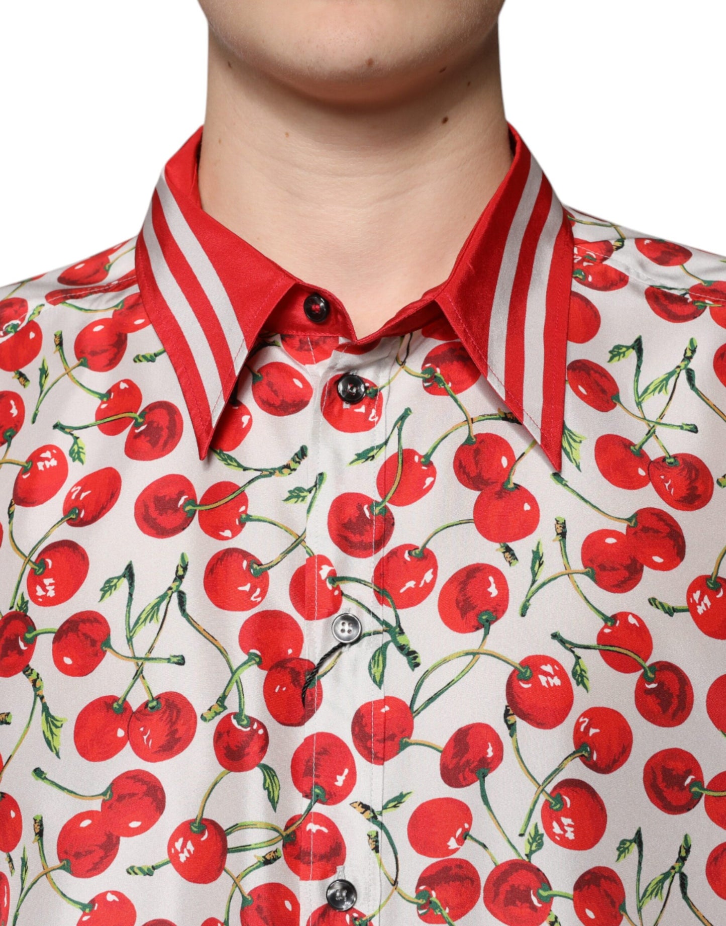 Dolce & Gabbana White Cherry Silk Button Down Casual Shirt