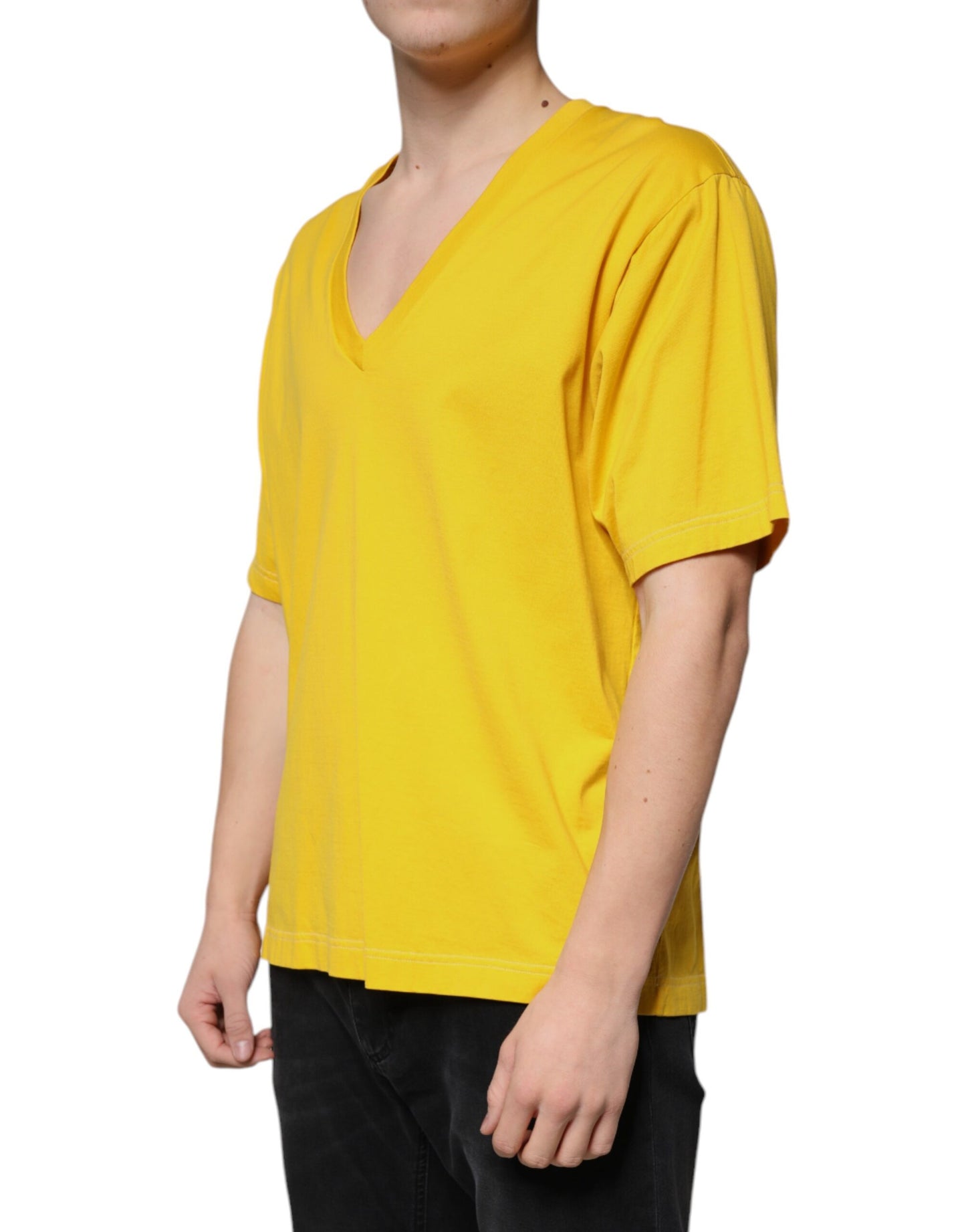 Dolce & Gabbana Yellow Cotton V-neck Short Sleeves T-shirt