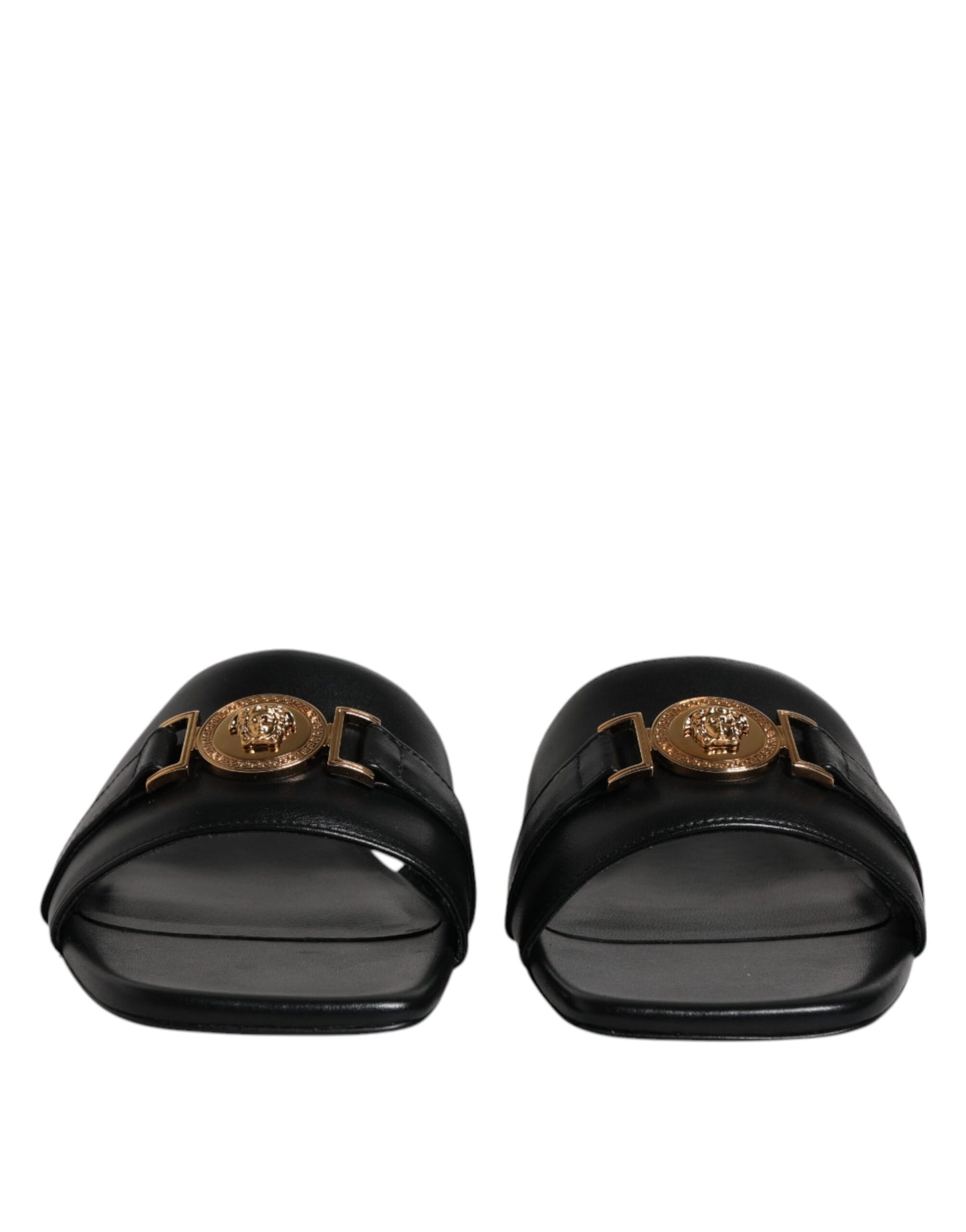 Versace Black Leather Logo Plaque Slip On Slides Flats Shoes