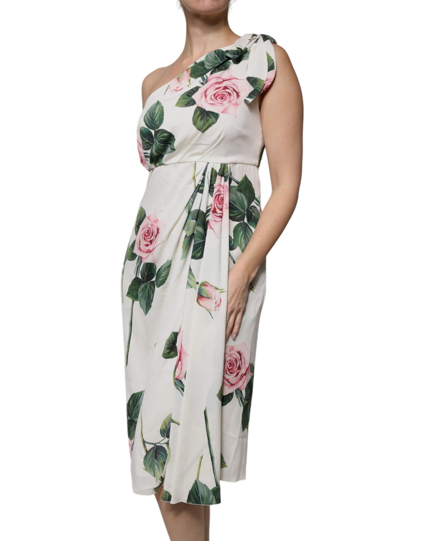 Dolce & Gabbana White Floral Silk One Shoulder Midi Dress