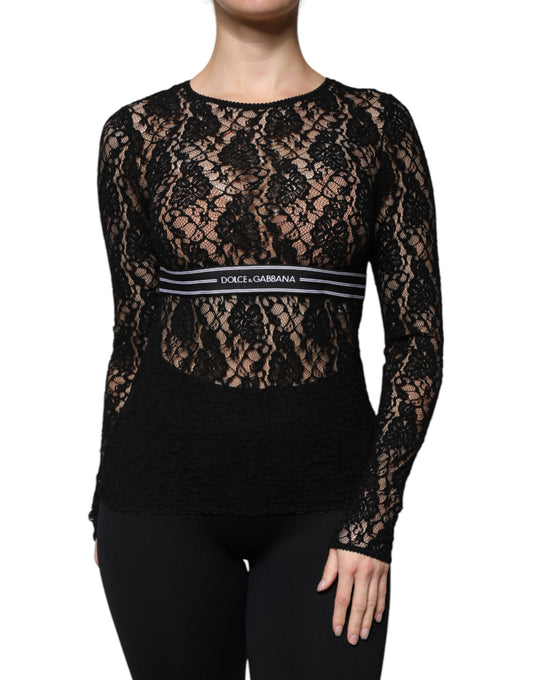 Dolce & Gabbana Black Logo Stripe Lace Long Sleeves Top