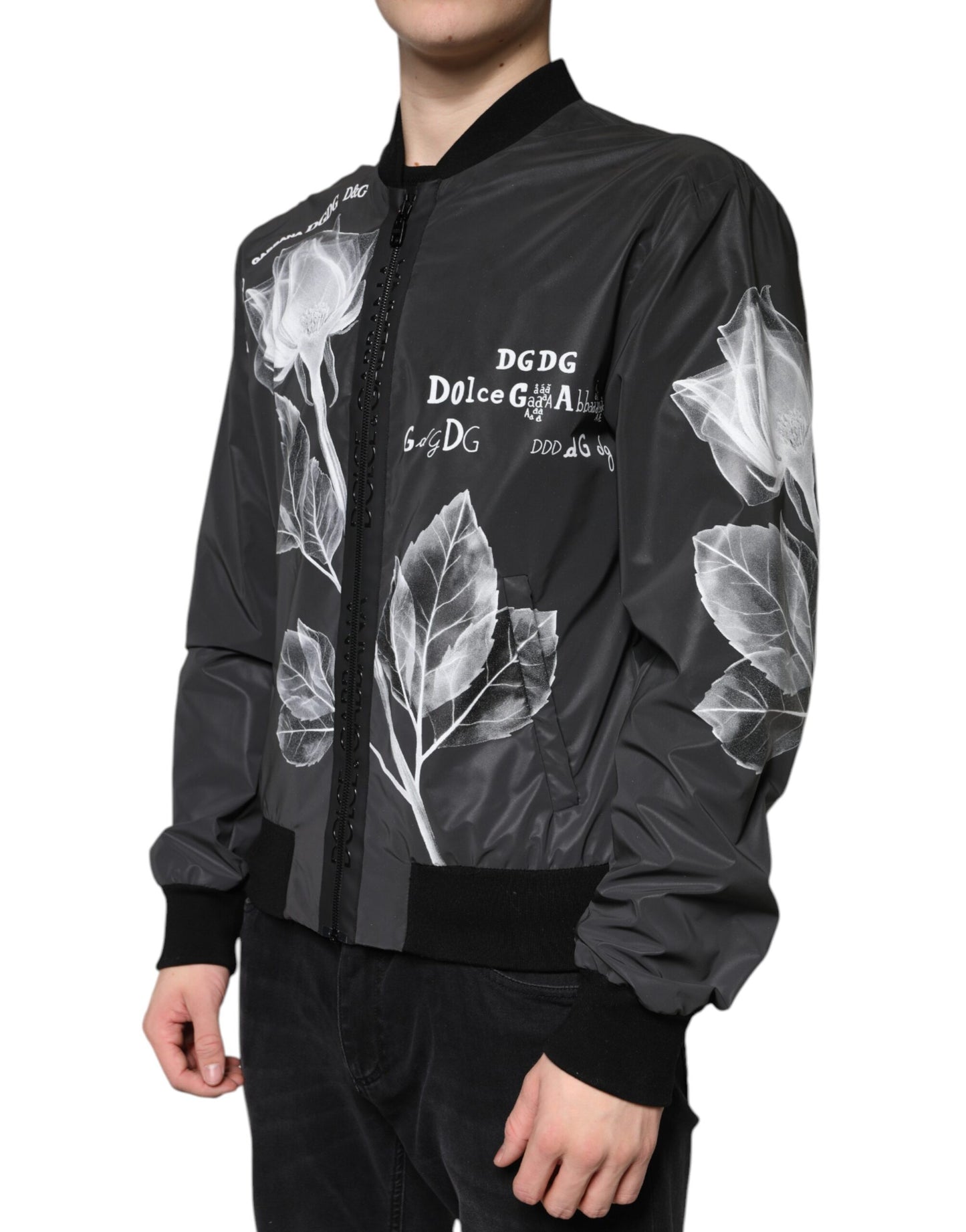 Dolce & Gabbana Black Floral Nylon Full Zip Bomber Jacket