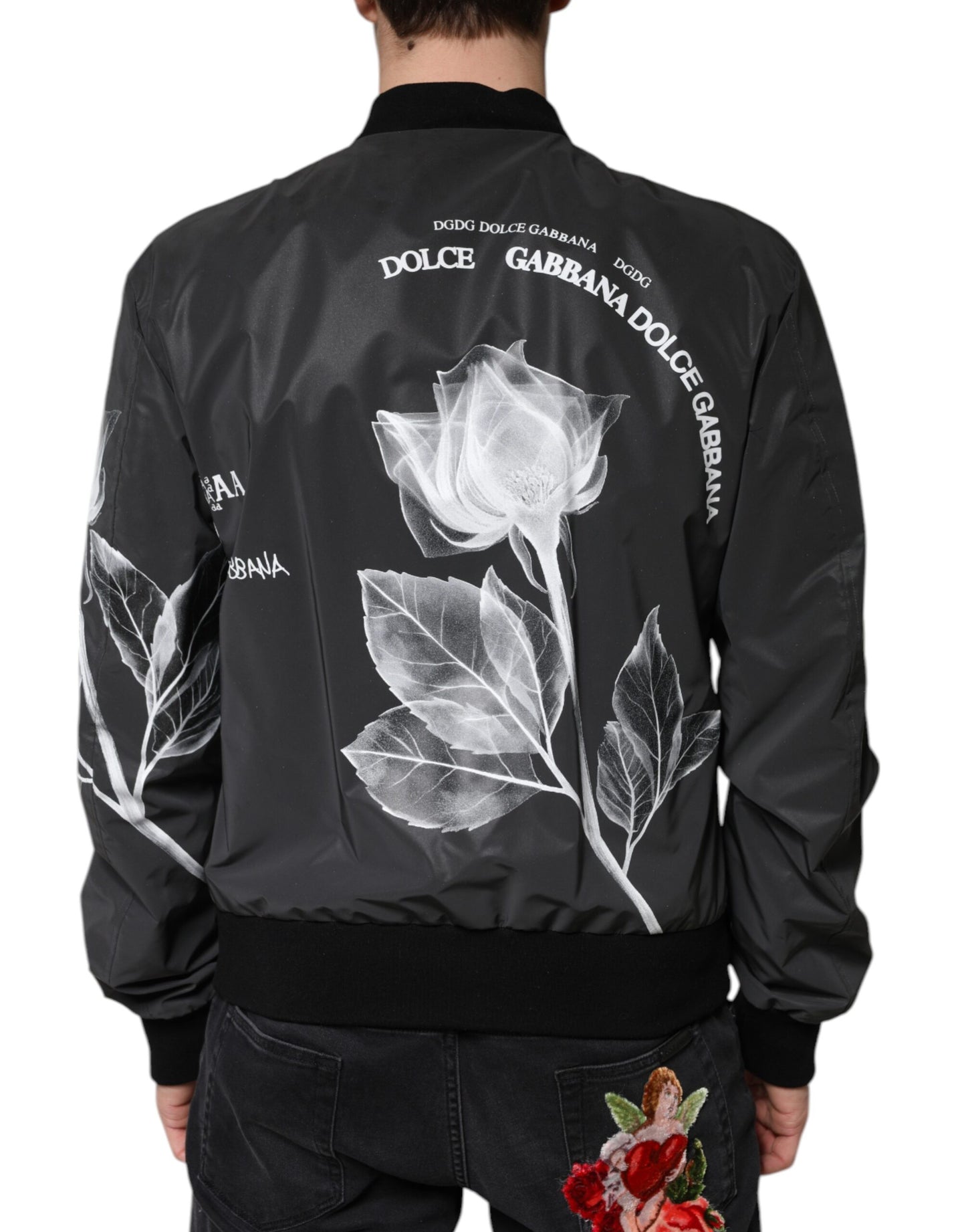 Dolce & Gabbana Black Floral Nylon Full Zip Bomber Jacket