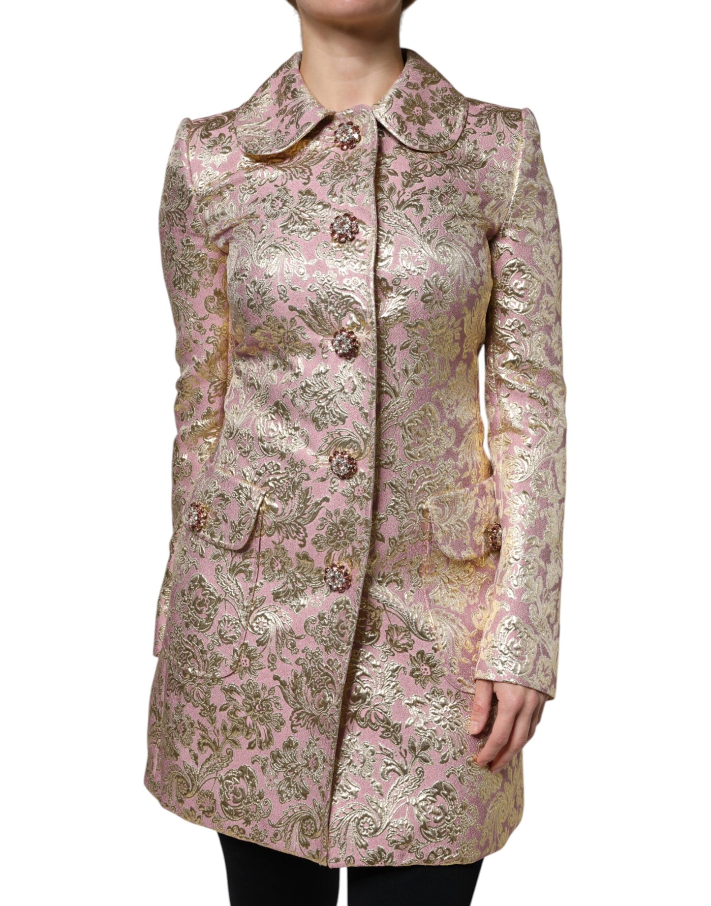 Dolce & Gabbana Metallic Pink Gold Jacquard Jewel Button Coat Jacket