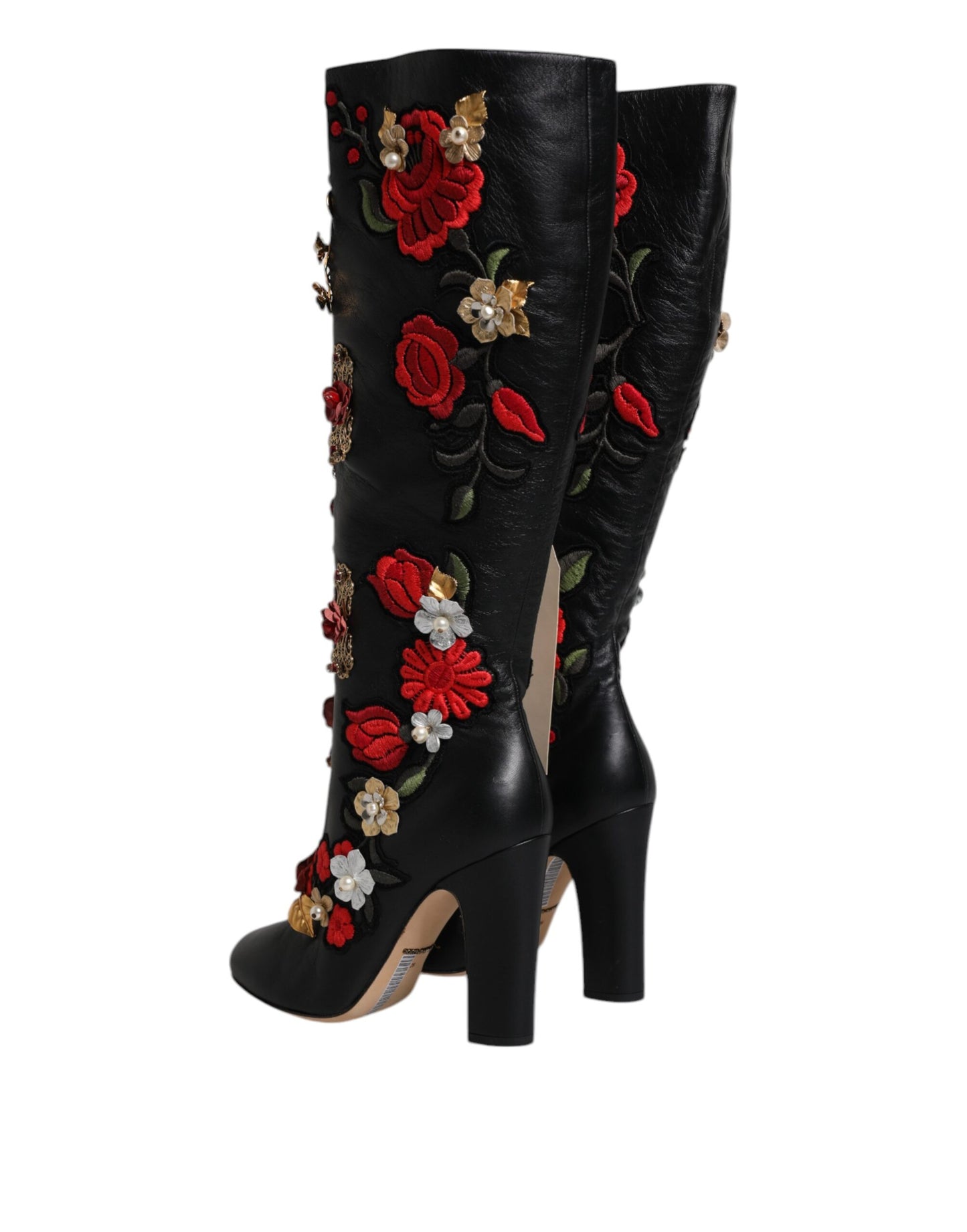 Dolce & Gabbana Black Roses Embellished Leather Heel Boots Shoes