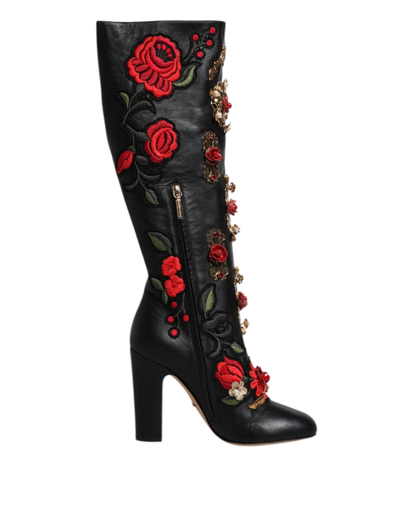 Dolce & Gabbana Black Roses Embellished Leather Heel Boots Shoes