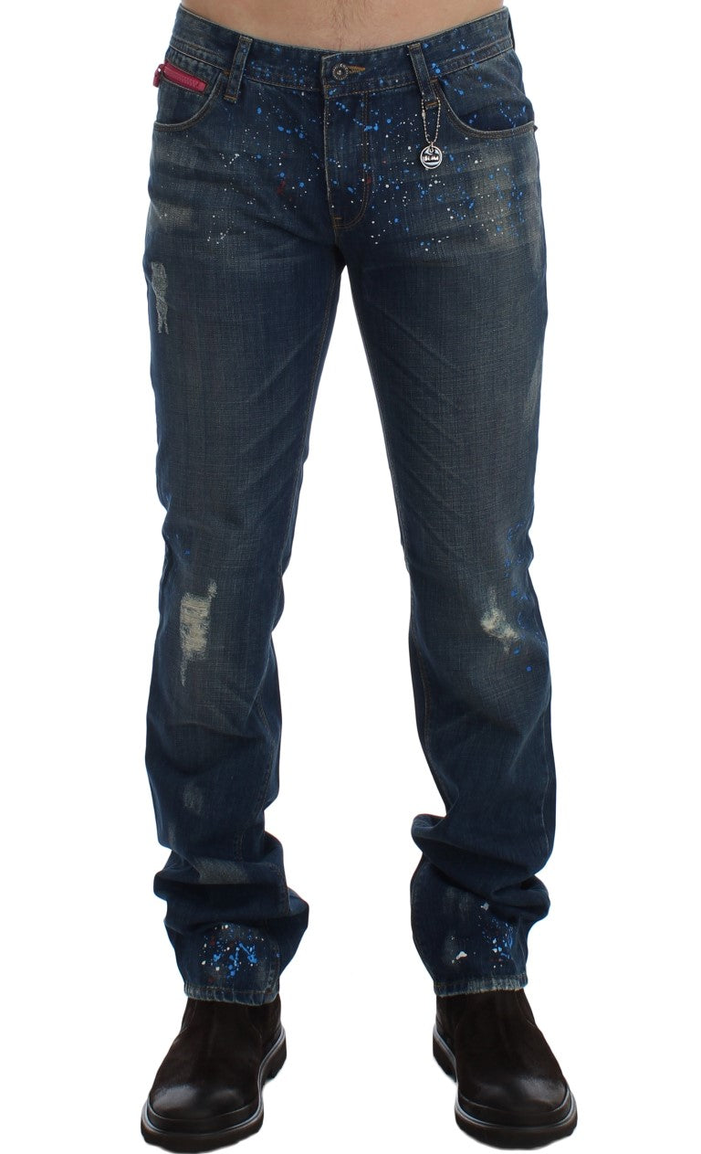 Costume National Chic Blue Wash Painted Slim Fit Jeans